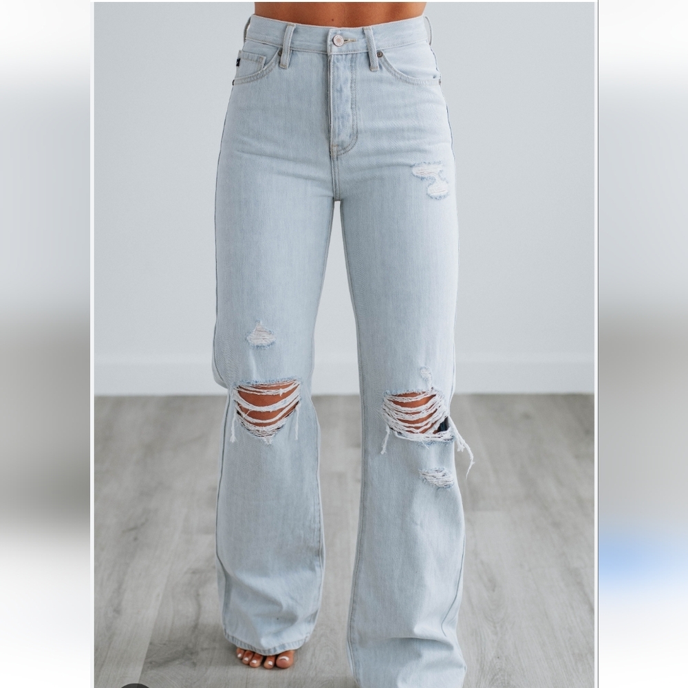 Kan Can NEW Size 9/28 Cotton Wide Leg Distressed Women's Jeans - Light Blue